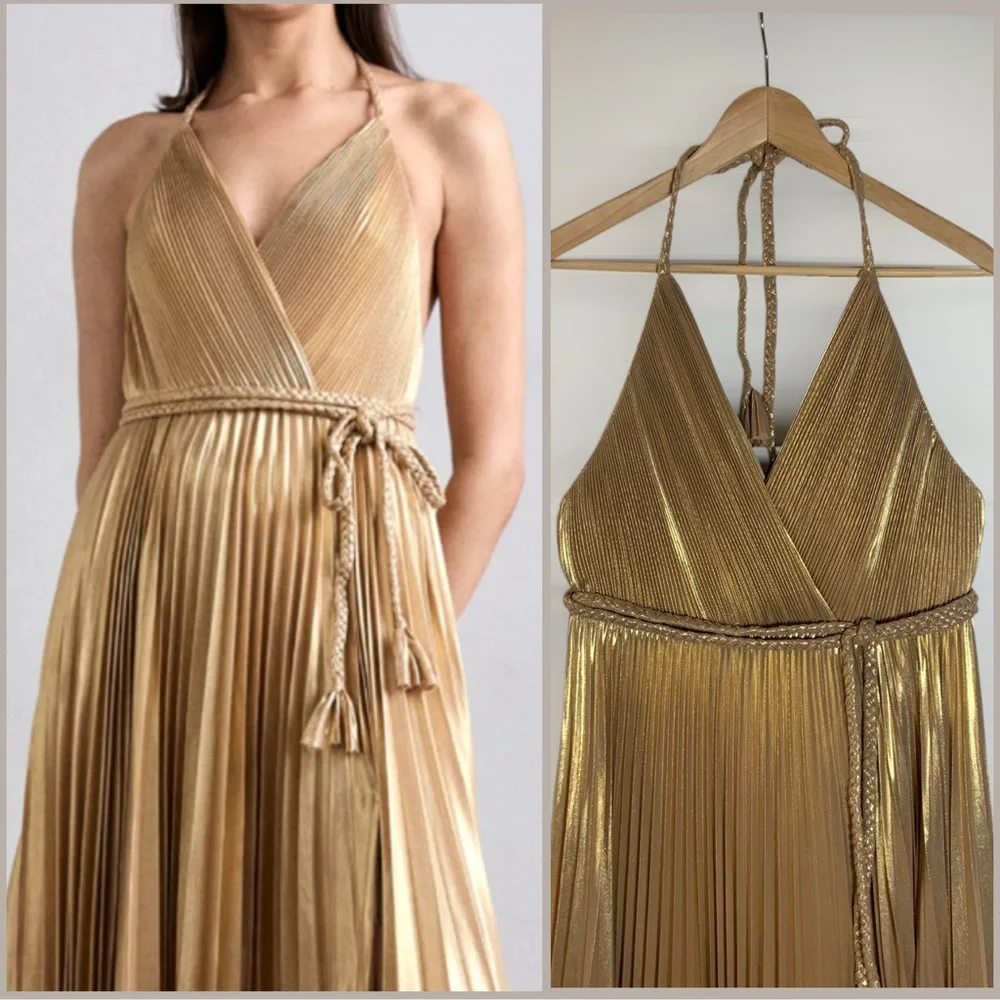 Alice + Olivia Tresa Pleated Gold Maxi Dress Size 12 New with Tags - Picture 3 of 10